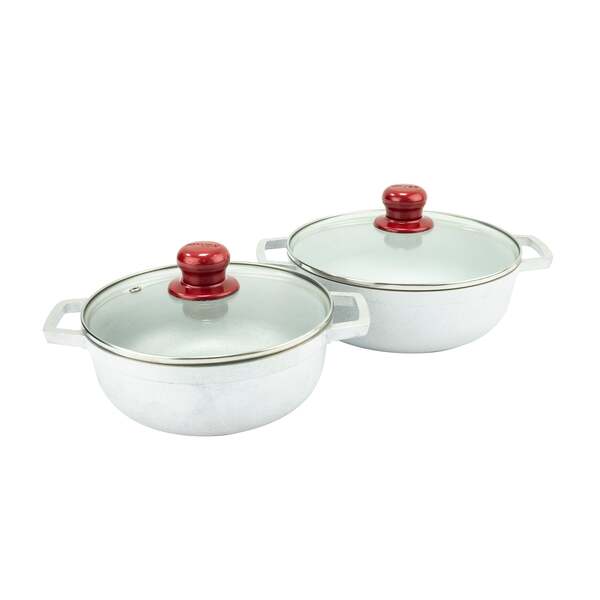 JUEGO DE CALDEROS NATURAL TAPA DE VIDRIO CON ROJO 20-22 CM