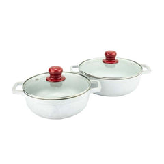 JUEGO DE CALDEROS NATURAL TAPA DE VIDRIO CON ROJO 20-22 CM