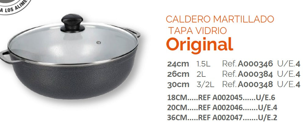 CALDERO MARTILLADO TAPA DE VIDRIO 36CM
