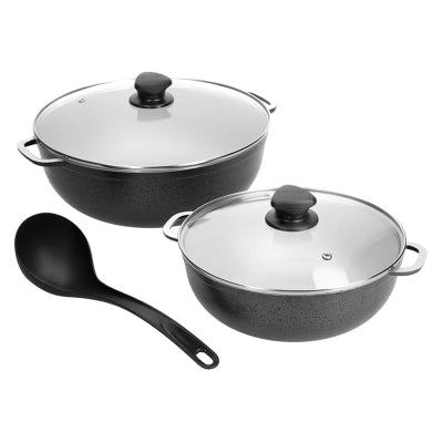 JUEGO CALDEROS C/TAPA VIDRIO + Cuchara